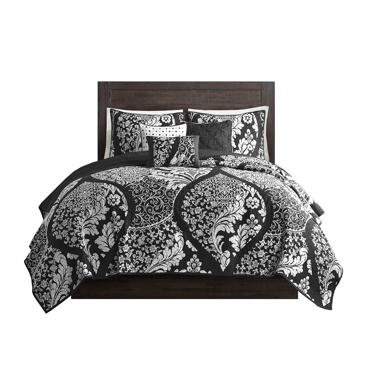 Gracie Mills Muriel 6 Piece Damask Printed Cotton Quilt Set With Throw Pillows - Grace-10690